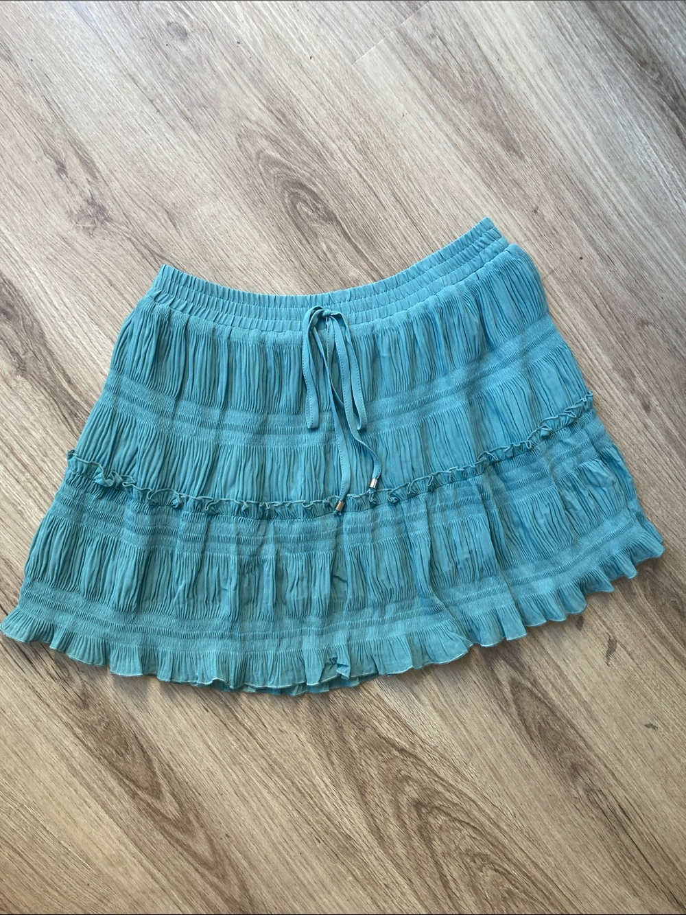 Tiered Teal Mini Skirt with Drawstring Waist